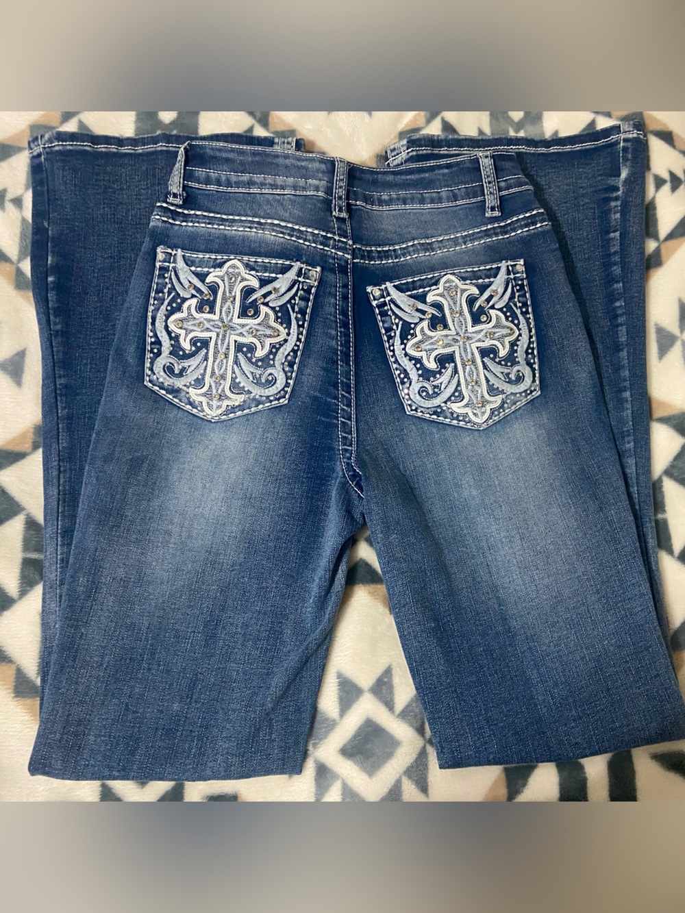 Soho Dark Blue Boot Cut Jeans with Embroidered Cross Pockets